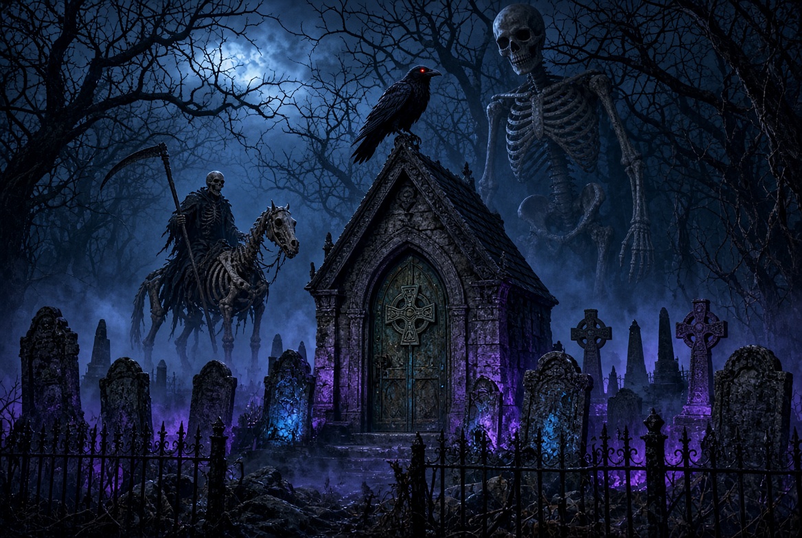 Moonlit graveyard shrouded in fog, a raven perched on a crypt