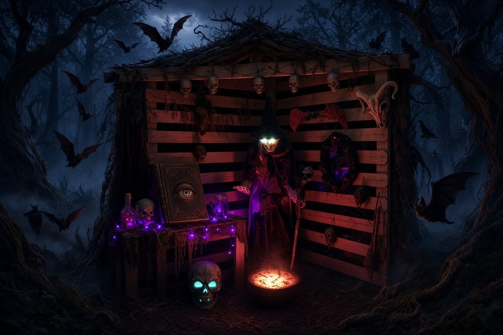 A witch in a lantern-lit shack of skulls and bottles, stirring a glowing cauldron