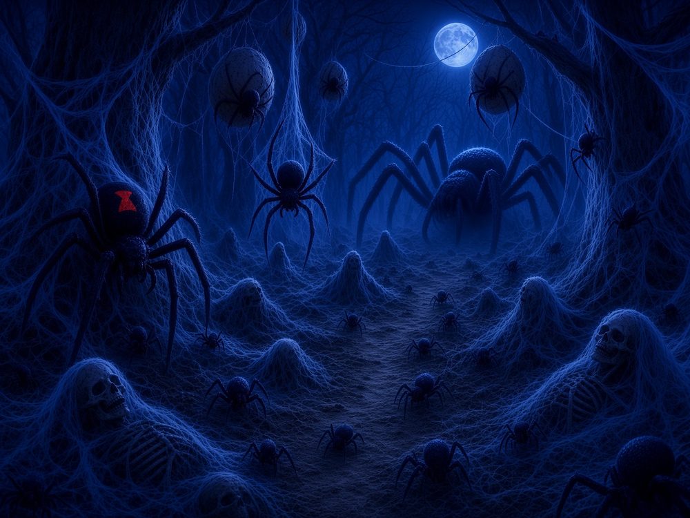 A moonlit stretch of forest packed with heavy webbing, egg sacs, and enormous spiders