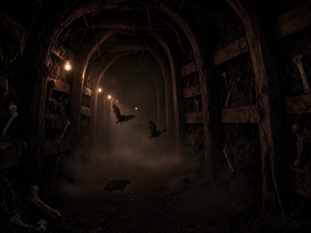 A timber-braced mine tunnel lit by bare bulbs, bones set into the walls