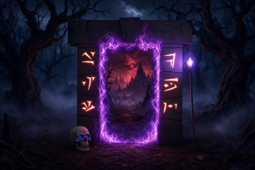 A rune-carved stone arch in the woods, its opening filled with violet fire